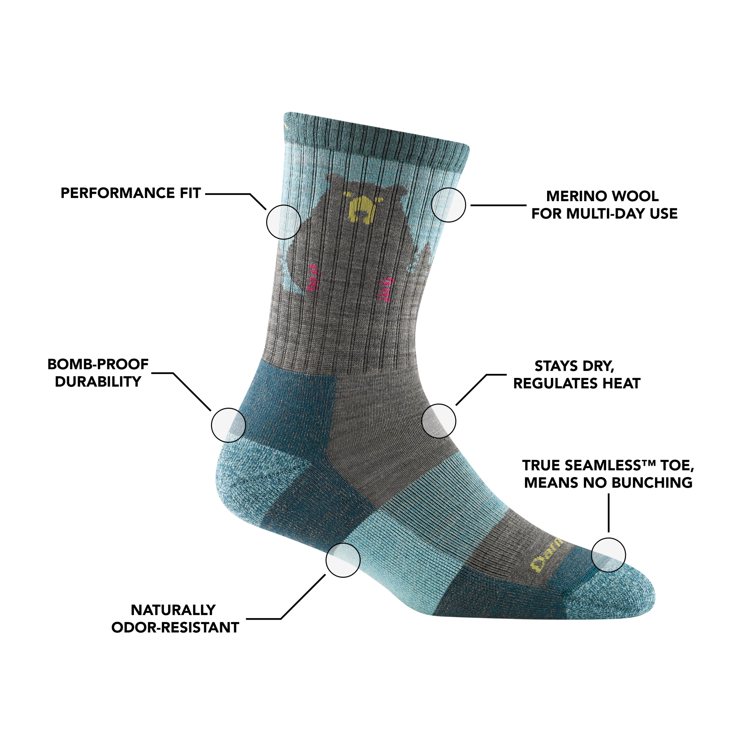 Darn Tough Merino Socks Women's Bear Town Micro Crew Lightweight Hiking Socks - Image 14